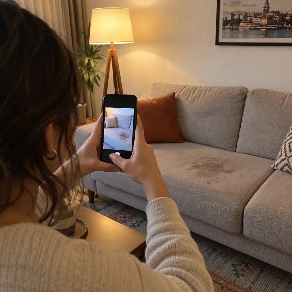 Lekeli koltuğun telefonla fotoğrafını çeken müşteri